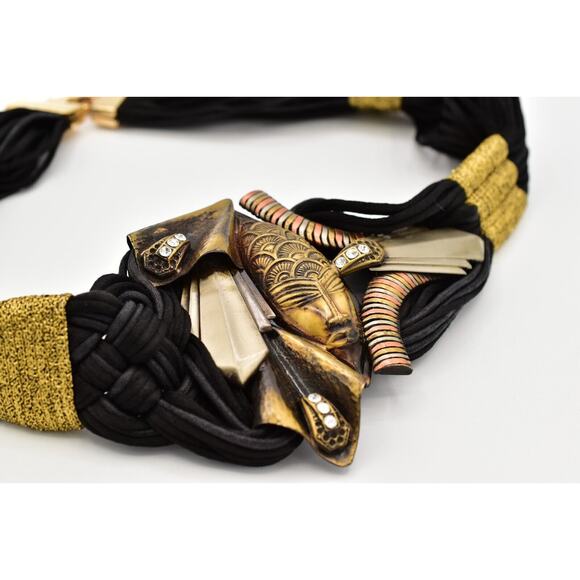 Vintage Made In Italy Waist Belt Mayan Metal Black Weaved Crystal Chunky 26" - Picture 10 of 12